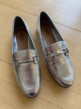 INC International Concepts Metallic Silver Horsebit Loafers, Brand New.